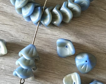 Blue Sky Amber Mix Czech Pressed Glass 3 Petal Large Bell Flower Beads 12x9mm