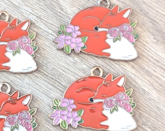 4 Pcs Sleeping Fox with Flowers Charm Enamel Orange and White Pendant - 28mm