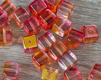 12 Pcs Yellow Fuchsia Mix Transparent AB Finish Cube Beads - Orange Pink Gold - Czech Pressed Glass - 7x8mm