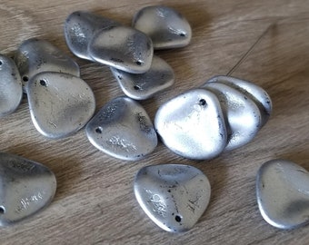 Antiqued Silver Pressed Czech Glass Beads Rose Petal - Larger Size 14x13mm - Suede Metallic Finish - Choose Quantity