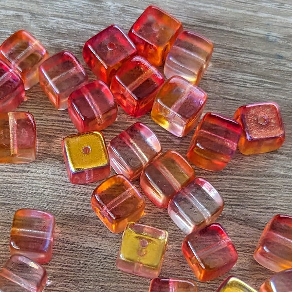 12 Pcs Yellow Fuchsia Mix Transparent AB Finish Cube Beads - Orange Pink Gold - Czech Pressed Glass - 7x8mm
