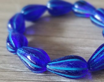 10 Pcs Cobalt Blue with Aqua Wash Czech Glass Melon Drop Beads 13x8mm - 1 Strand