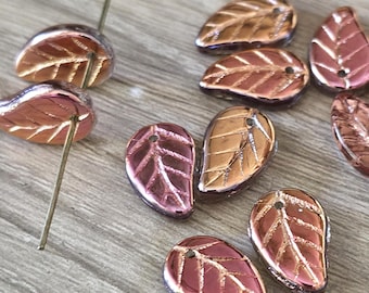 Pink Copper Metallic AB Finish - Czech Glass Pressed Leaf Beads - 14x9mm (20 pcs)