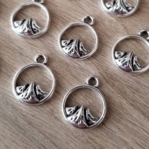 10 Pcs Small Round Mountain Peaks Silver Charm Pendant - 11 x 14mm