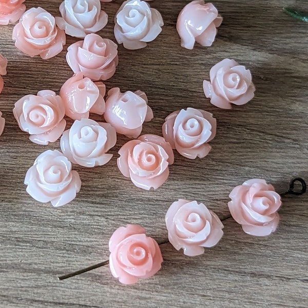 20+ Pcs Pale Coral Pink Rose 10mm Resin Flower Beads Side Drilled Round Back Variegated  - 10mm