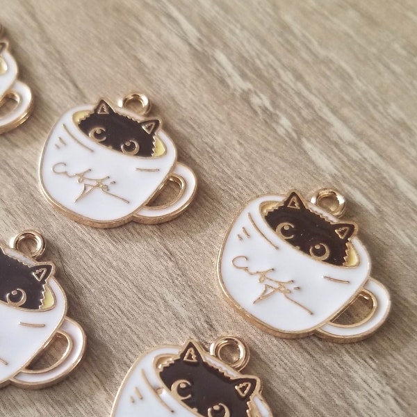 6 Pcs Peek-A-Boo Black Cat in White Coffee Cup Enamel Charms - 20mm