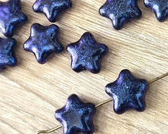 Jet Black with Nebula Blue Iridescent Shimmer Finish - Puffed Czech Glass Star Bead - 12mm (20 pcs)