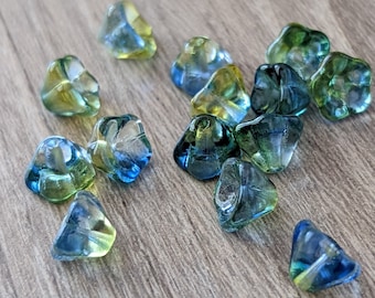 20 pcs Blue Yellow Mix 6x8mm Transparent Green Two Toned Czech Bell Flower Beads