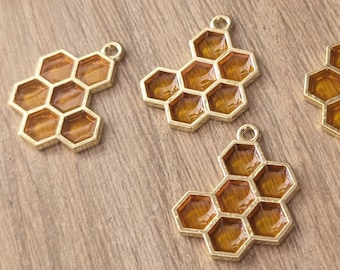 Honeycomb Charm - Golden Resin Filled Alloy Double Sided Hexagon Pendant - 17x21mm