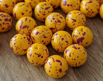 20 Stück Warmes Gelb mit Lila Sprenkeln Tschechische Pressglas - Matte Finish Gesprenkelte Flecken Runde Perlen - 8mm