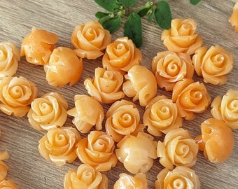 20+ Pcs Orange Sherbet 10mm Rose Resin Flower Beads Side Drilled Round Back Variegated Orange - 10mm