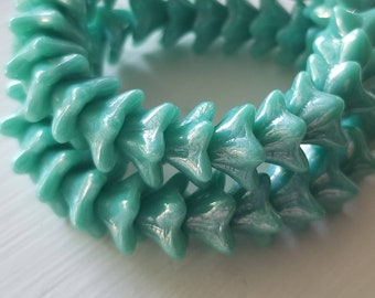 25 pcs Turquoise Opaque with White Luster 6x9mm Czech Five Point Blue Bell Flower Beads - Full Strand