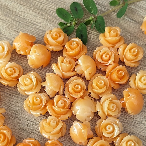 20+ Pcs Orange Sherbet 10mm Rose Resin Flower Beads Side Drilled Round Back Variegated Orange - 10mm