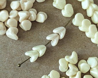 30 Pcs Two-Petal Bell Flower Beads - Ivory in Two Shades Yellow & Pink - Czech Pressed Glass - 7x8mm