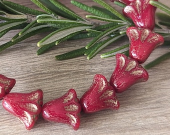15 pcs Red Opaline with Bronze Wash Czech Lily Flower Beads - 9mm