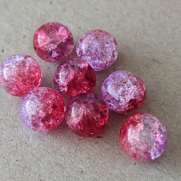 6 Pcs Fuchsia Violet Large Crackled Glass Czech Beads - Pink Lavender Mix Two Toned - 14mm