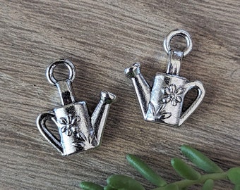 5 or 10 Pcs Watering Can with Floral Motif - Double Sided Antique Silver Color Metal Alloy Garden Charms - 15x18mm