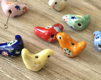 Bird Beads - Hand Painted Porcelain - Orange Yellow Pink Red Green Blue - 13x18mm (2 pcs)