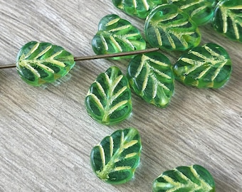 Peridot Green with Yellow Inlay Czech Glass 10mm Mint Leaf Beads