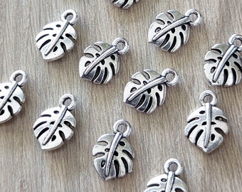 10 Stück Mini Monstera Tropisches Blatt Anhänger - Antik Silber Farbe - 9 x 14 mm