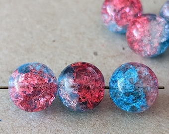 6 Pcs Blue Raspberry Large Crackled Glass Czech Beads - Fuchsia Pink Blue Mix Two Toned - 14mm