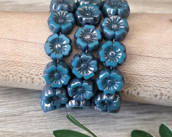 Tiny 7mm Hibiscus Flower Beads: Teal Turquoise with Bronze Finish - Czech Glass (12 beads)