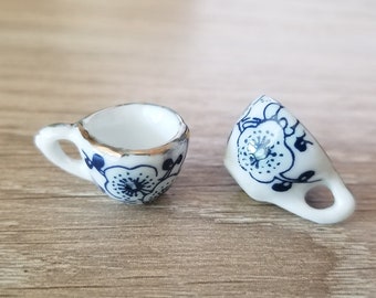 2+ Pcs Ceramic Tea Cup Charm Blue Floral Pattern - Miniature Tea Party - 13-17mm