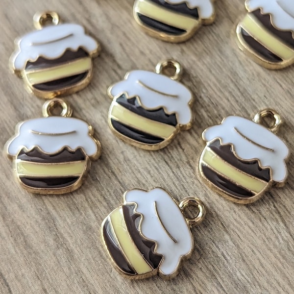 10 Pcs Honey Pot Enamel Charm - Yellow Brown White Honey Bee - 15mm