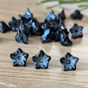 25 Pcs Jet Black and Blue Gray Mix 5 Point Bell Flowers Czech Pressed Glass Beads 6x9mm image 1