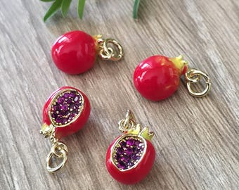Granatapfel Anhänger - Cubic Zirkonia 18K Vergoldetes Messing und Emaille - 13 mm (2 Anhänger)