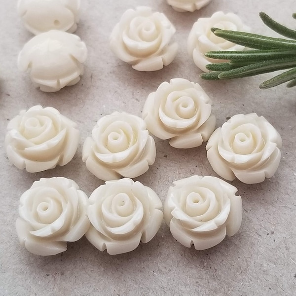 10+ Pcs Vanilla White Rose 12mm Resin Flower Beads Side Drilled Round Back Ivory - 12mm