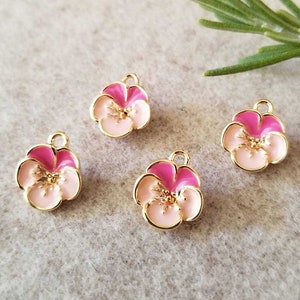 2+ Pcs Pink Pansy Enamel Floral Charm 18K Gold Plated Pendant Violet Viola Flower 10mm