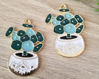 6 Pcs Potted House Plant Charm - Green Turquoise White - 31mm