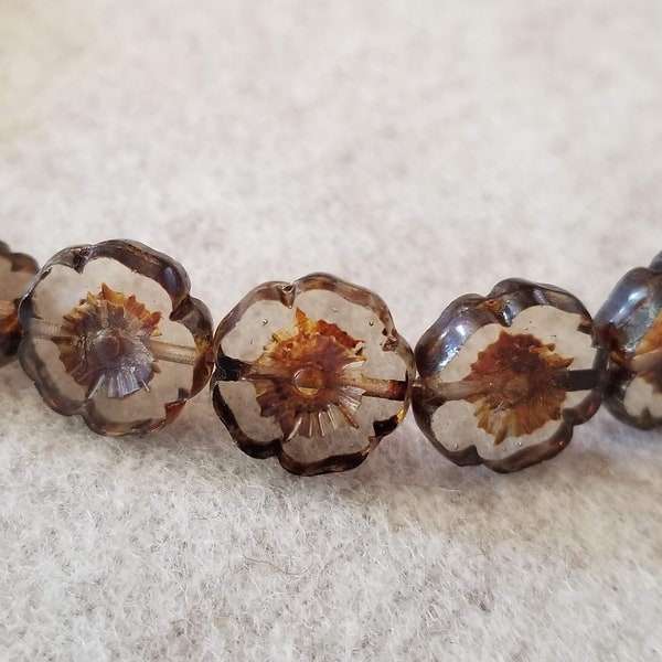 6 or 12 pcs Smokey Topaz Crystal Gray Transparent with Brown Picasso Finish Hibiscus Czech Flower Beads - 12mm