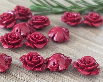 10+ Pcs 15mm Brick Red Resin Rose Flower Beads - Side Drilled Round Back - 15mm