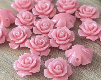 10+ Pcs Baby Pink 15mm Resin Rose Flower Beads - Side Drilled Round Back - 15mm