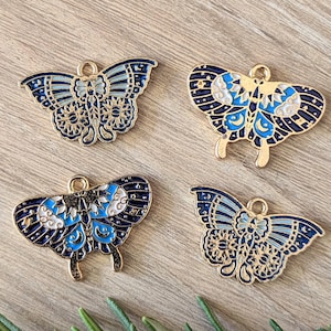 4 Pcs Butterfly or Luna Moth Dark Blue and White Enameled Pendant Charms - 28mm