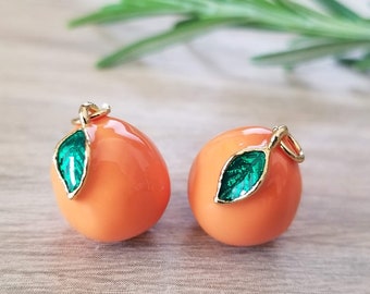 1+ Pcs Orange Fruit Enamel Drop 3D Charm Pendant - 18K Gold Plated -  13mm