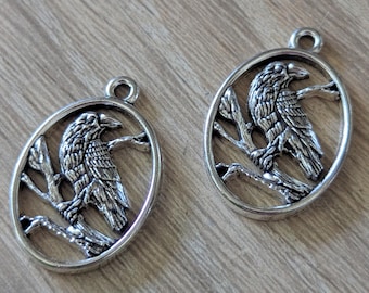 10 Pcs Raven or Crow Oval Charms - Silver Metal Alloy - 25mm