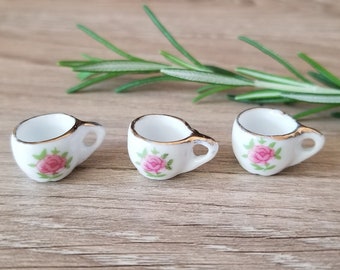 2+ Pcs Ceramic Tea Cup Charm Pink Rose Floral Pattern Miniature