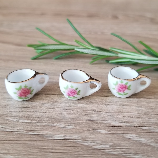 2+ Pcs Ceramic Tea Cup Charm Pink Rose Floral Pattern - Miniature Tea Party - 13-17mm