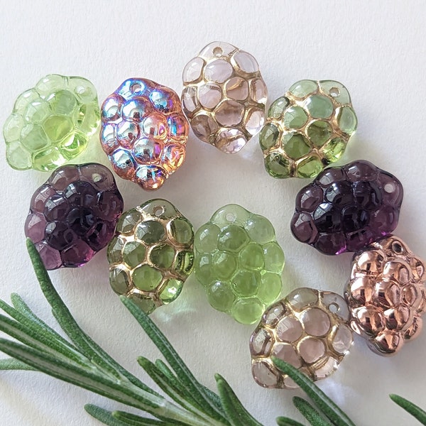 10 Pcs Grape Cluster Color Mix -Czech Pressed Glass Fruit Beads - Purple Green Pink Gold - 10x14mm