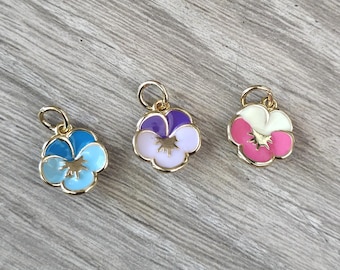 2+ Pcs Pansy Enamel Flower Charm 18K Gold Plated Pendant Violet Blue Pink Purple 10mm