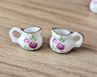 2+ Pcs Ceramic Cream Pitcher Purple Rose Floral Pattern - Miniature Tea Party - 10-17mm