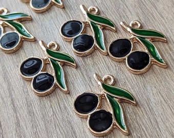 10 Pcs Black Olives Flat Enamel Charms -Black Green Gold - 17x22mm