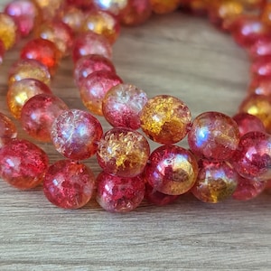 10 Pcs Fushcia Orange Mix with AB Finish - Czech Crackled Glass Round Beads - Pink Gold Two Toned - 10mm