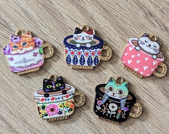 5 Pcs Kitten in Floral Teacup Enamel Charms - 22mm