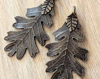 2 Pcs Large Oak Leaf Antique Bronze Pendant - 48mm