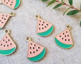 10 Pcs Pink Watermelon Slice Enamel Charms Summer Fruit - 17x23mm