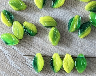 12 or 25 Pcs Emerald Green Yellow Mix Czech Glass Leaf Beads 12x8mm